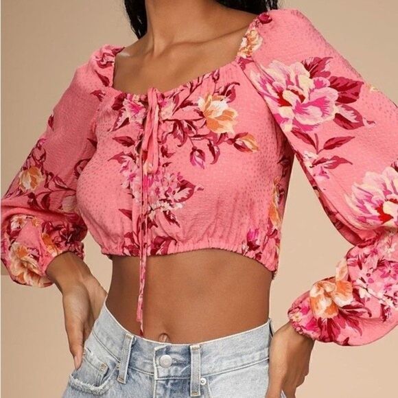 NWT Lulus Cheerful Disposition Pink Floral Print Lace-Up Crop Top Size Small - Picture 8 of 11